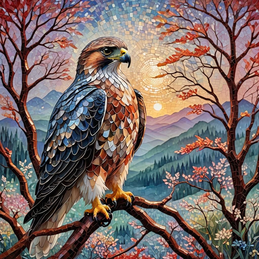 Dreamlike Diamond Mosaic Landscape with Hawk