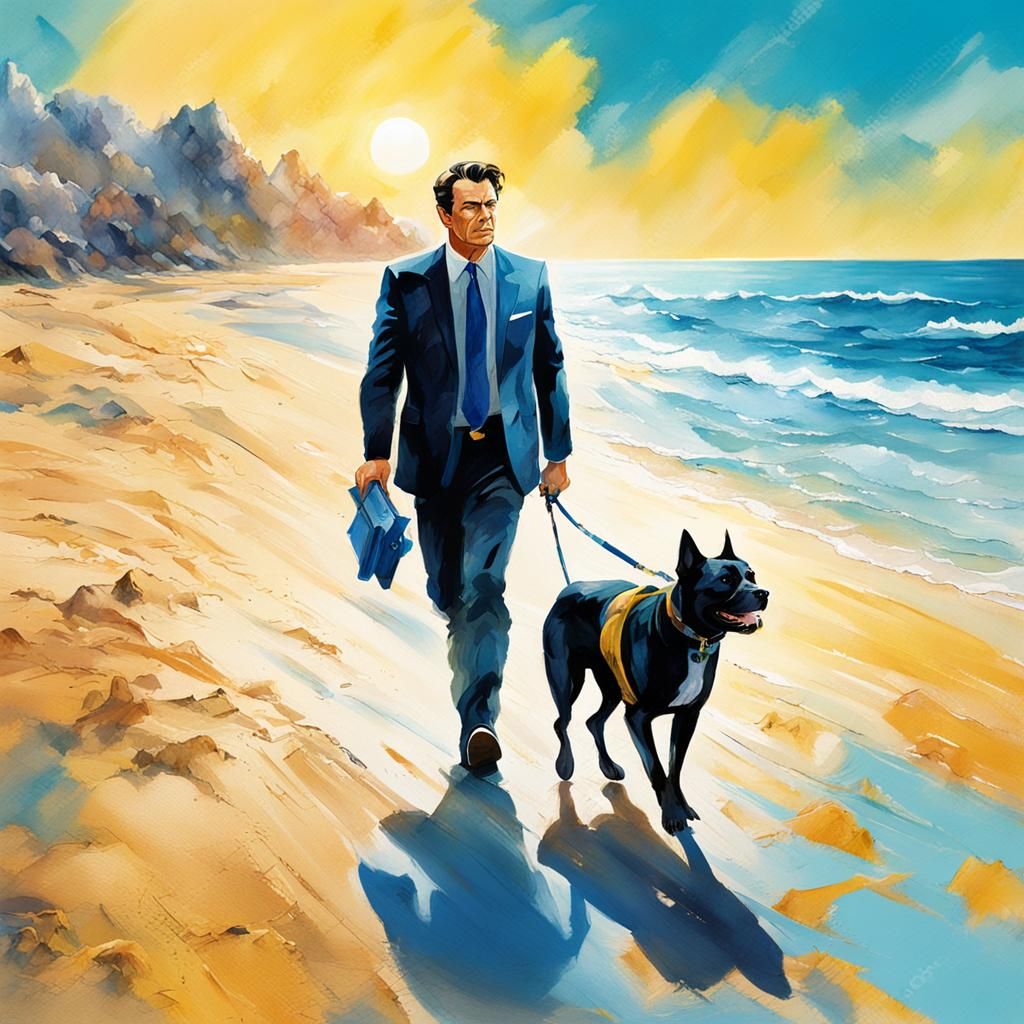 Bruce Wayne and Dog: Watercolour Beach Scene