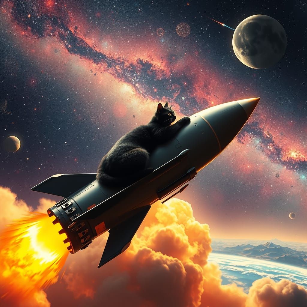 Black Cat Piloting Rocket Ship in Space