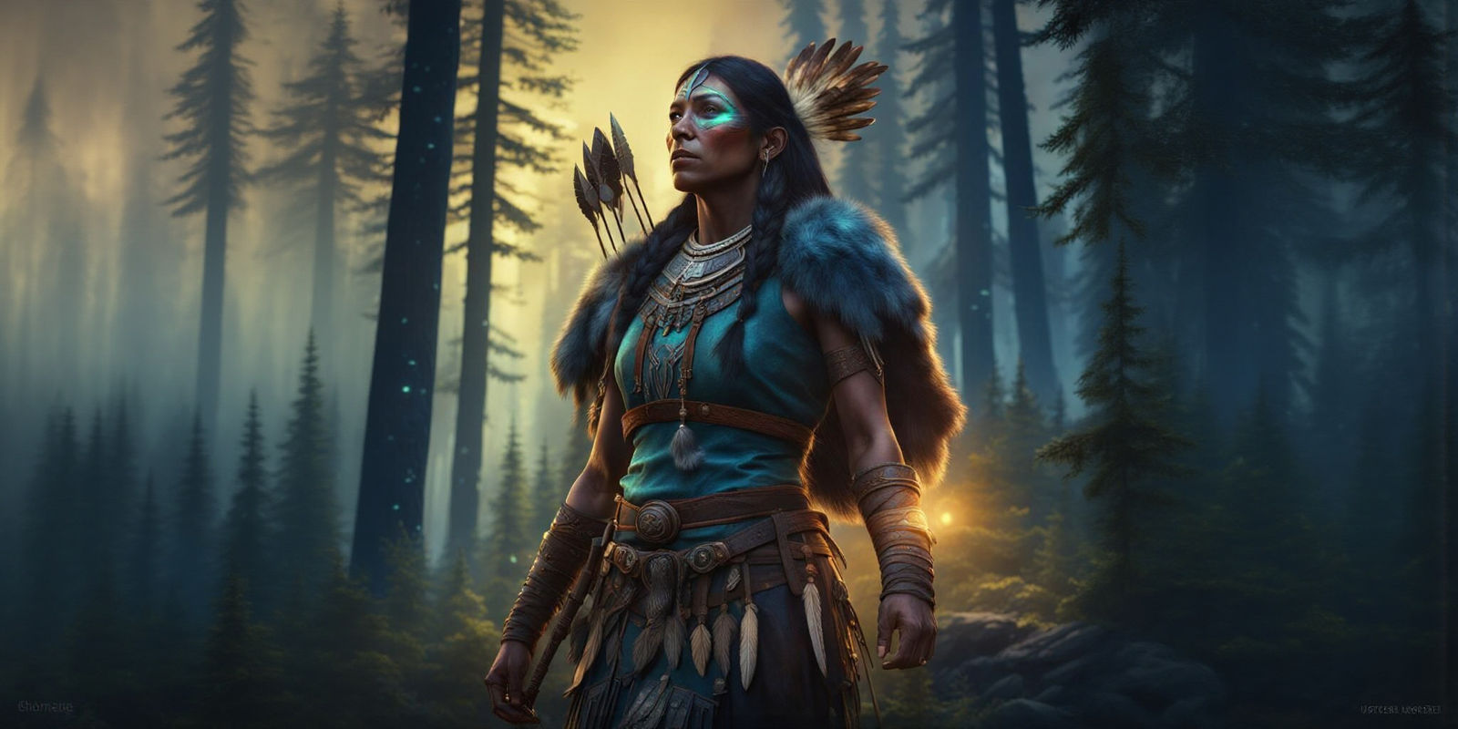 Native American Warrior Under Northern Lights