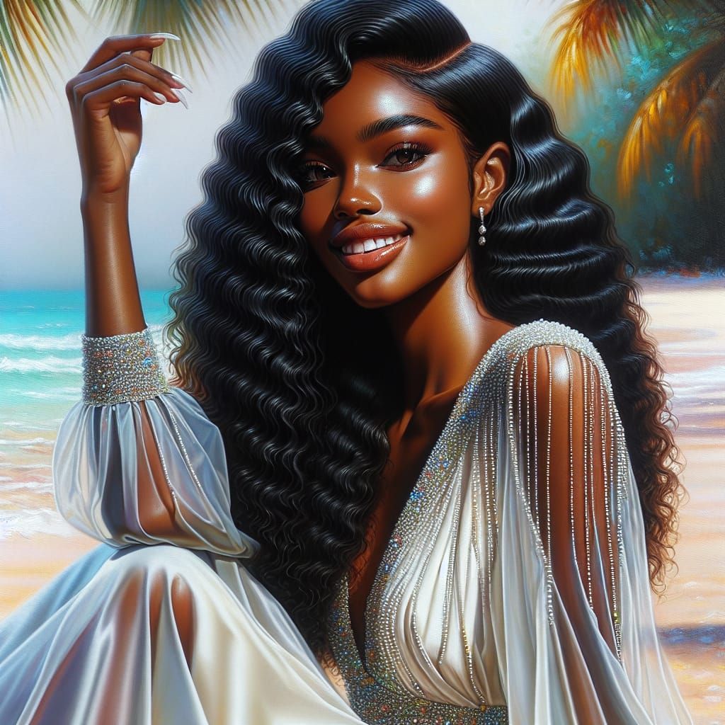 African American Woman in Beaded Dress on Beach