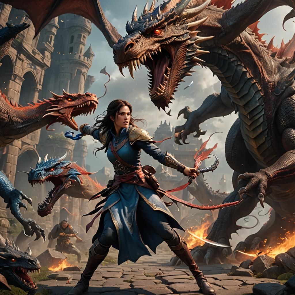 Anime Girl Battles Dragon: Detailed Matte Painting