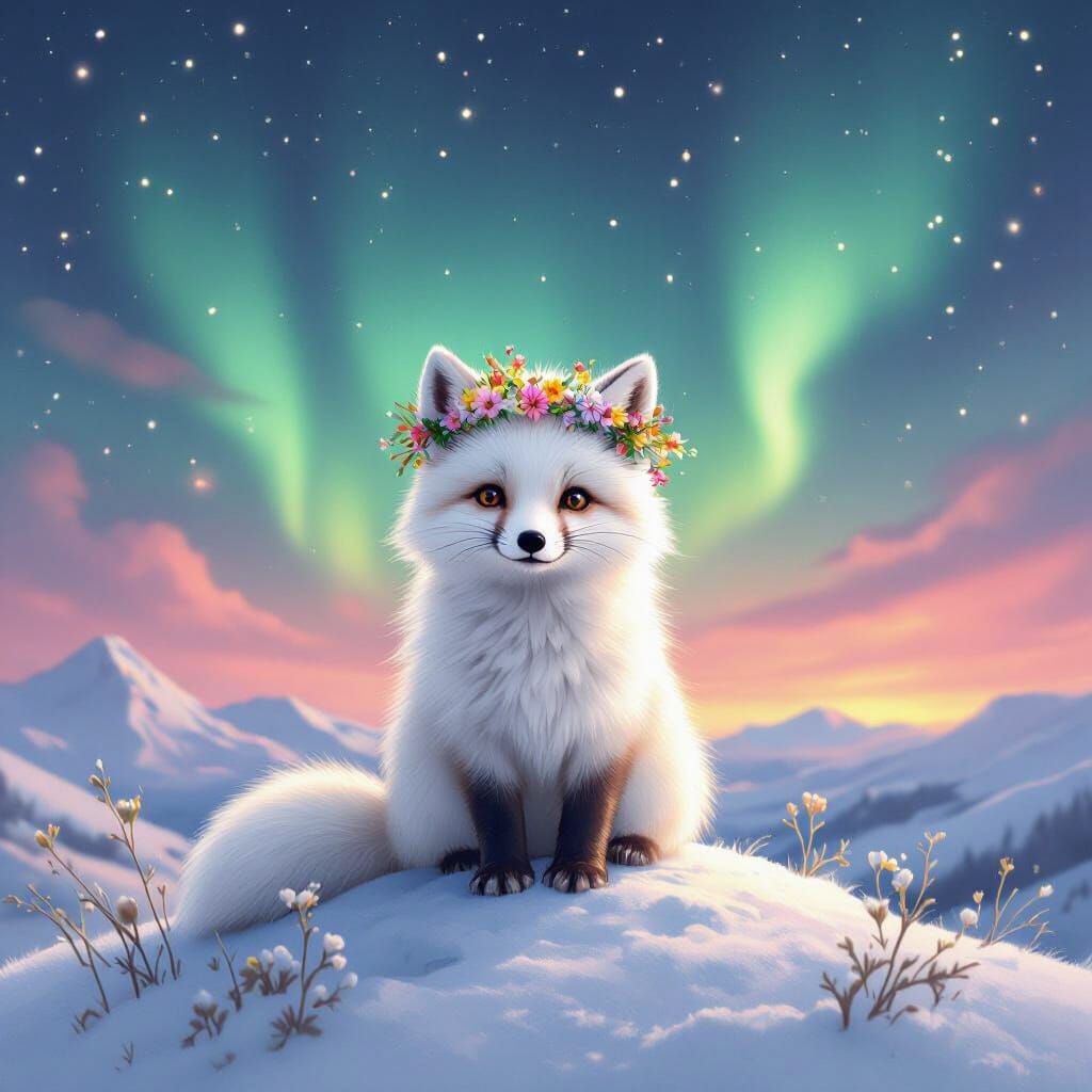 Arctic Fox with Flower Crown Under Northern Lights
