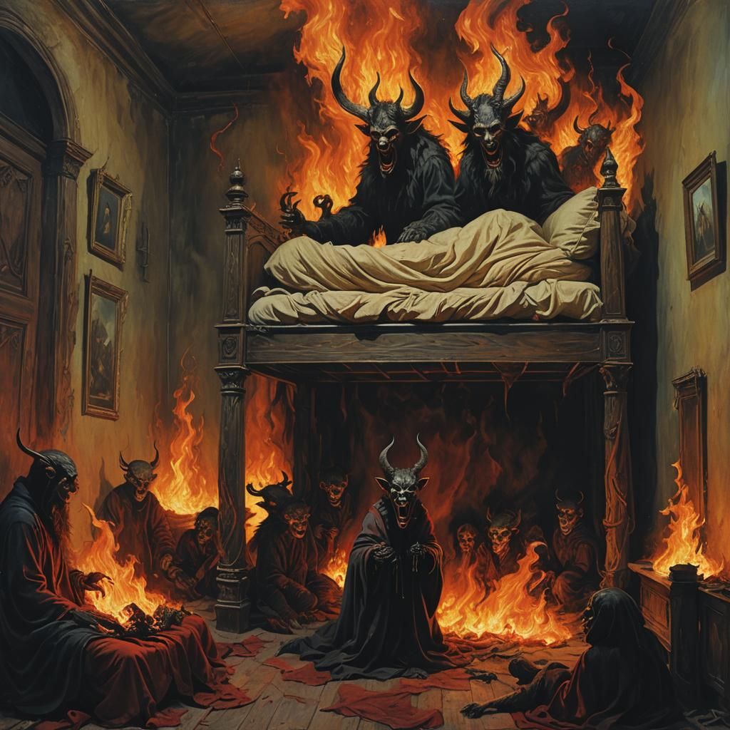 Krampus Emerging in Flames: A Gothic Horror Scene