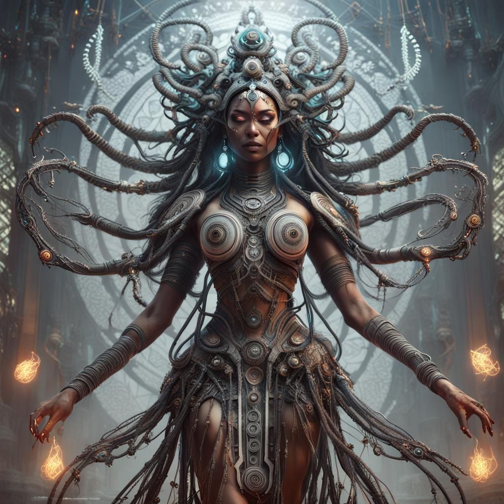 Mystical Tribal Goddess Dancing with Robots