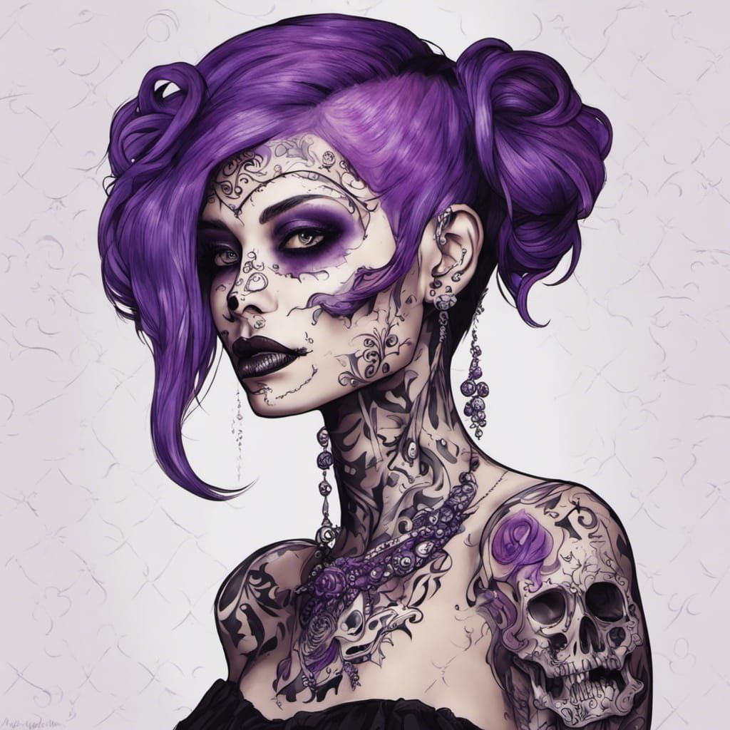 Gothic Woman with Purple Hair and Glitter Skulls