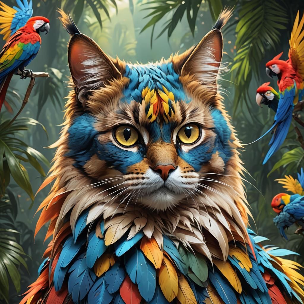 Macaw Colored Cat Portrait in Digital Art Style