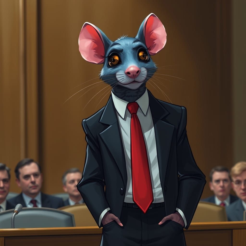 Blue Rat in Courtroom, Wearing Business Suit