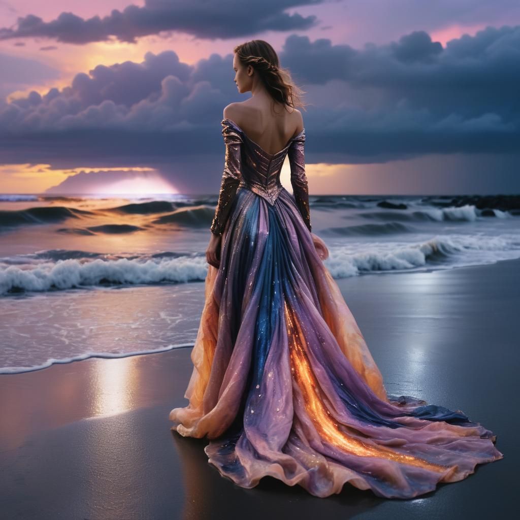 Figure in Gown on Dark Beach at Dusk