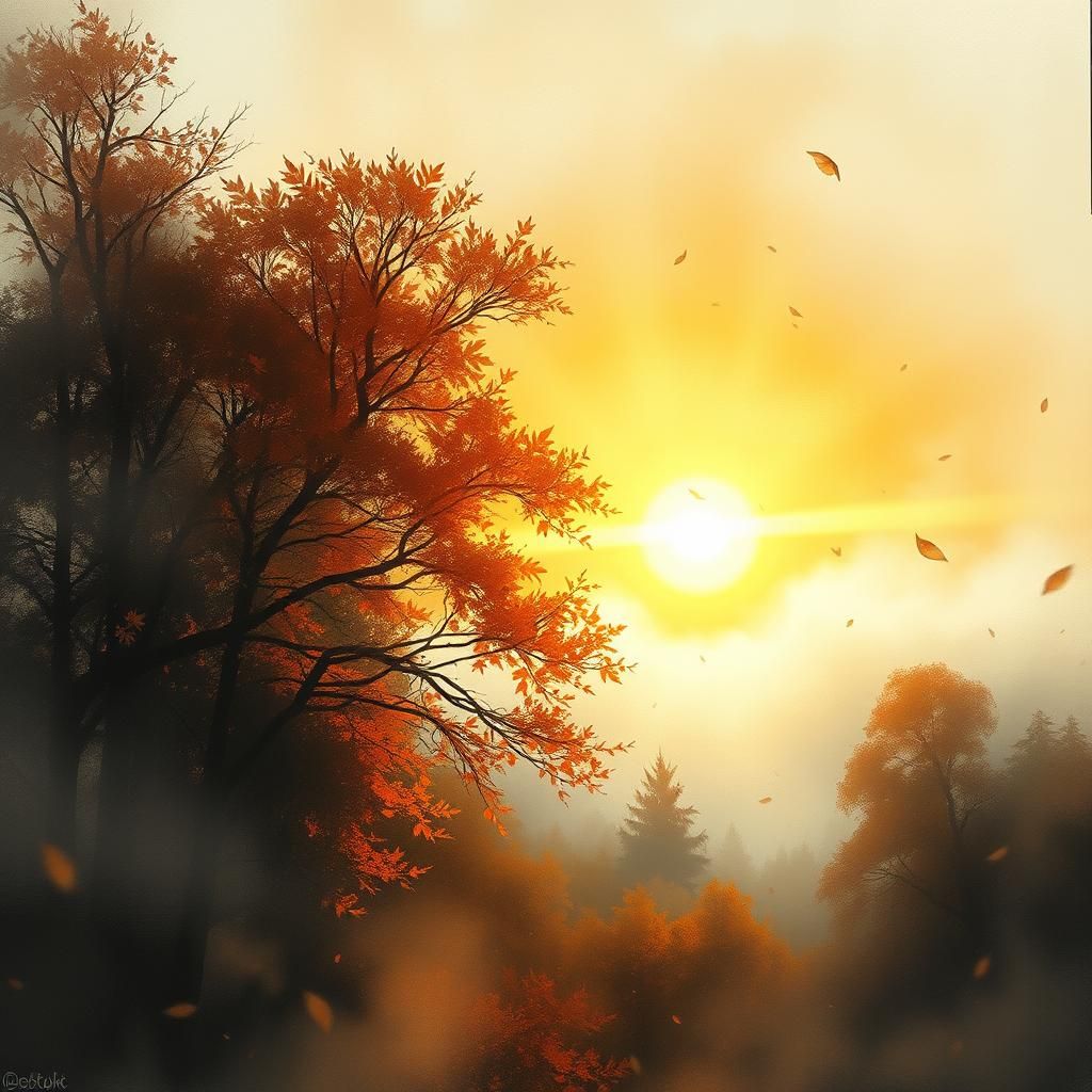 Golden Autumn Sunrise in Monochromatic Watercolor Style