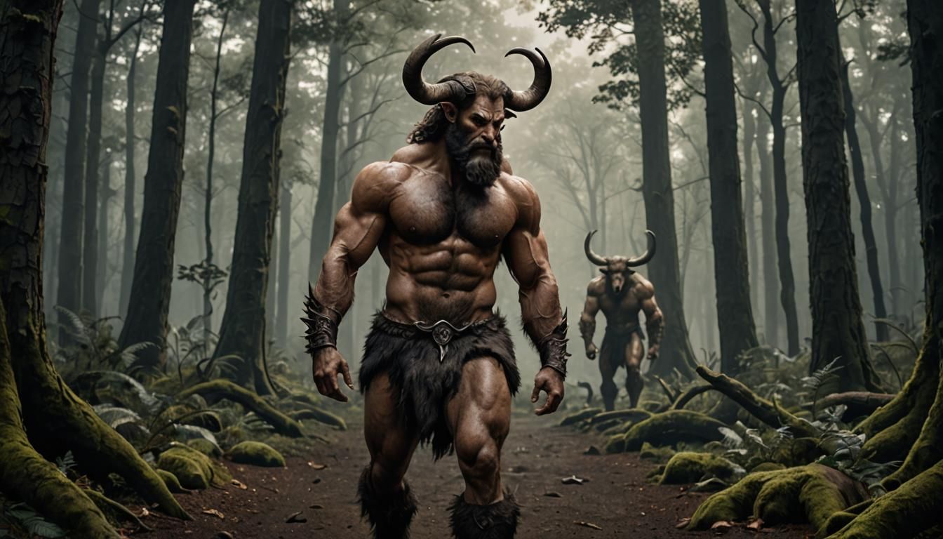 Satyr and Minotaur in Dark Forest Landscape