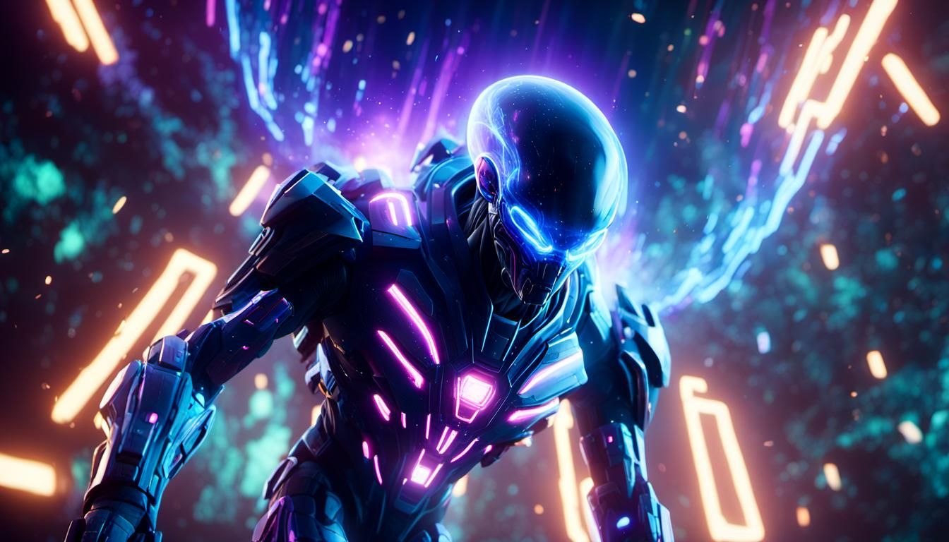 Neon Sci-Fi: Crystalline Entities Speeding Through Space