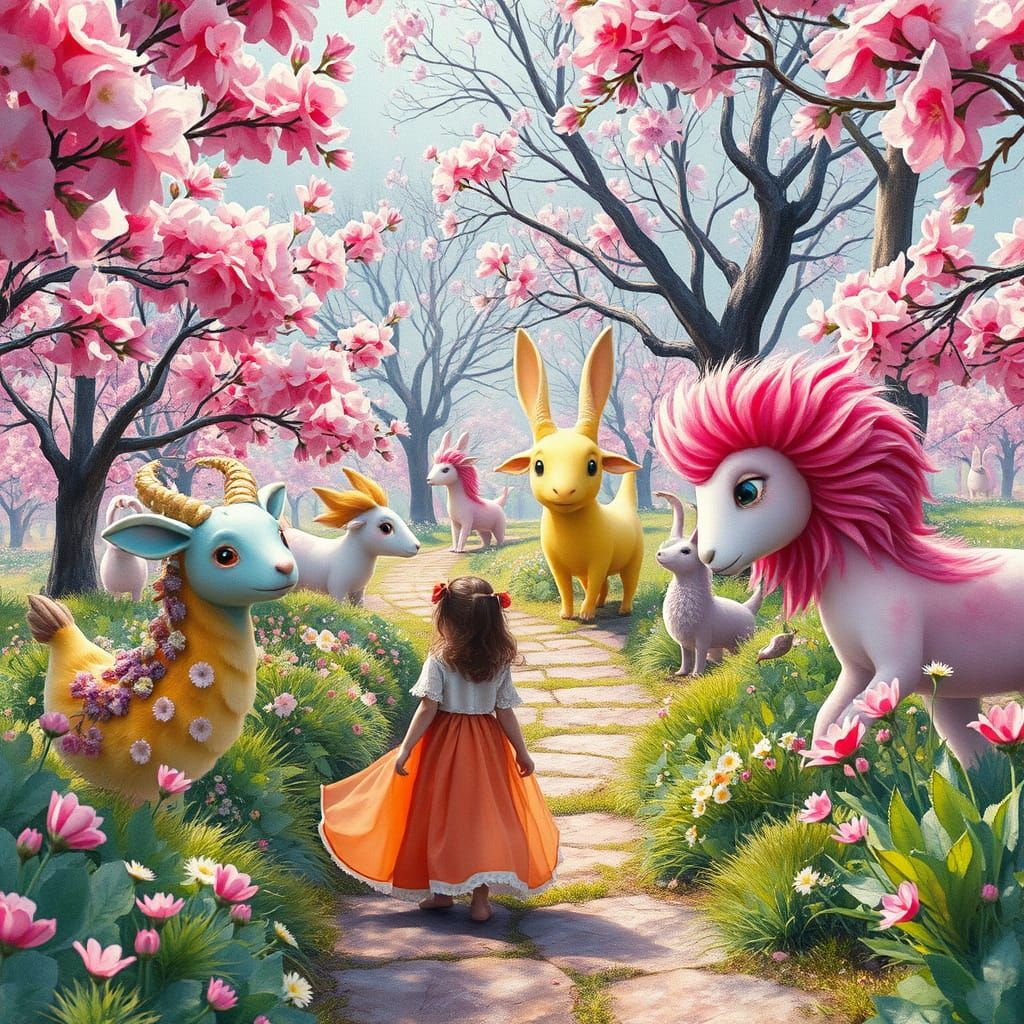 Whimsical Blossom Park Scene with Fantastical Creatures and ...