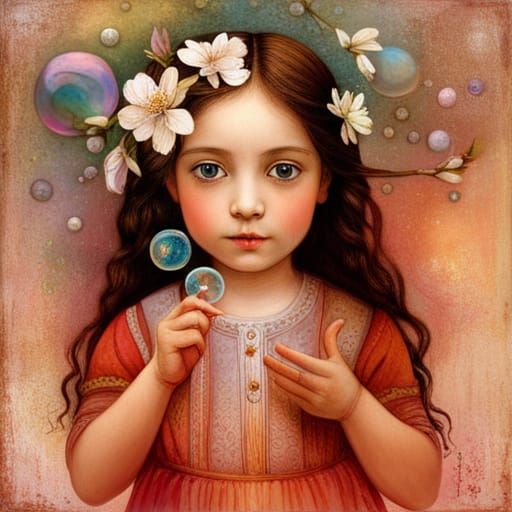 Toddler Girl and Bubbles in Surrealist Garden