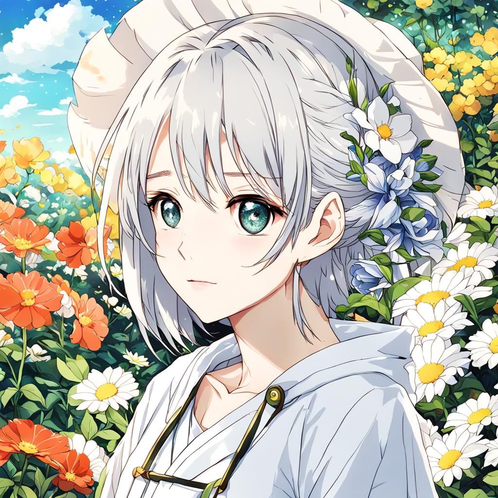 Anime Girl in Flower Garden, High Quality Rendering