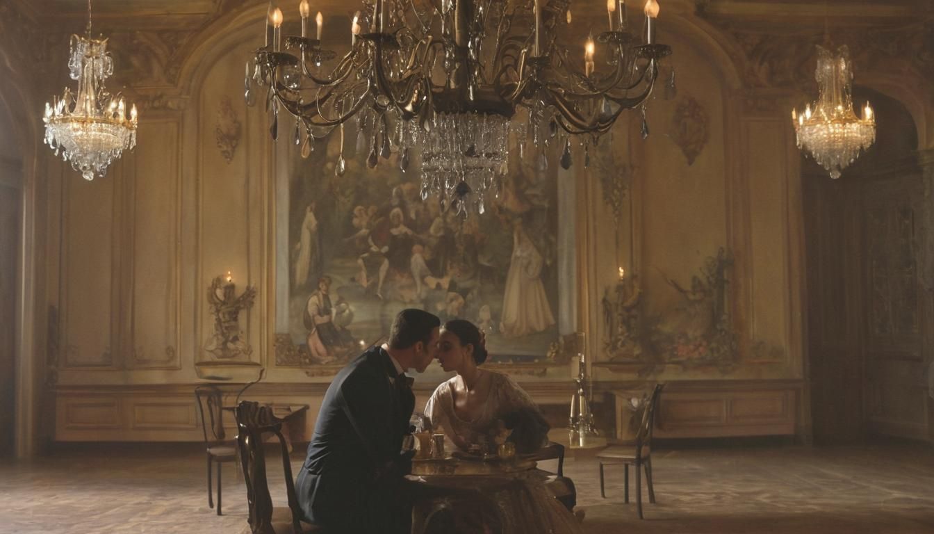 Eerie Ballroom Scene in Surrealist Style