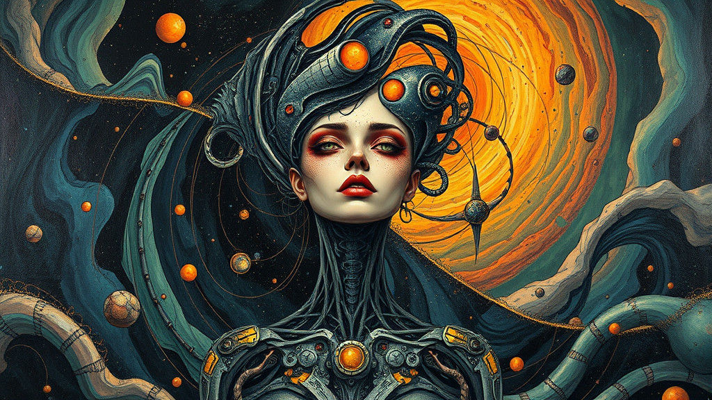 Dystopian Woman in Cosmic Art Deco Style