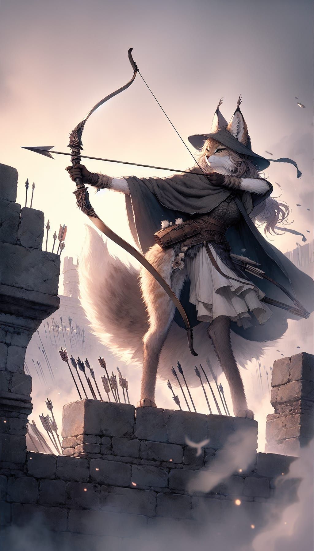 Lynx Archer on Battlements in Anime Style