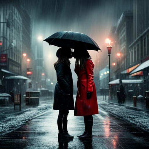Two Women Share a Kiss in the Rain