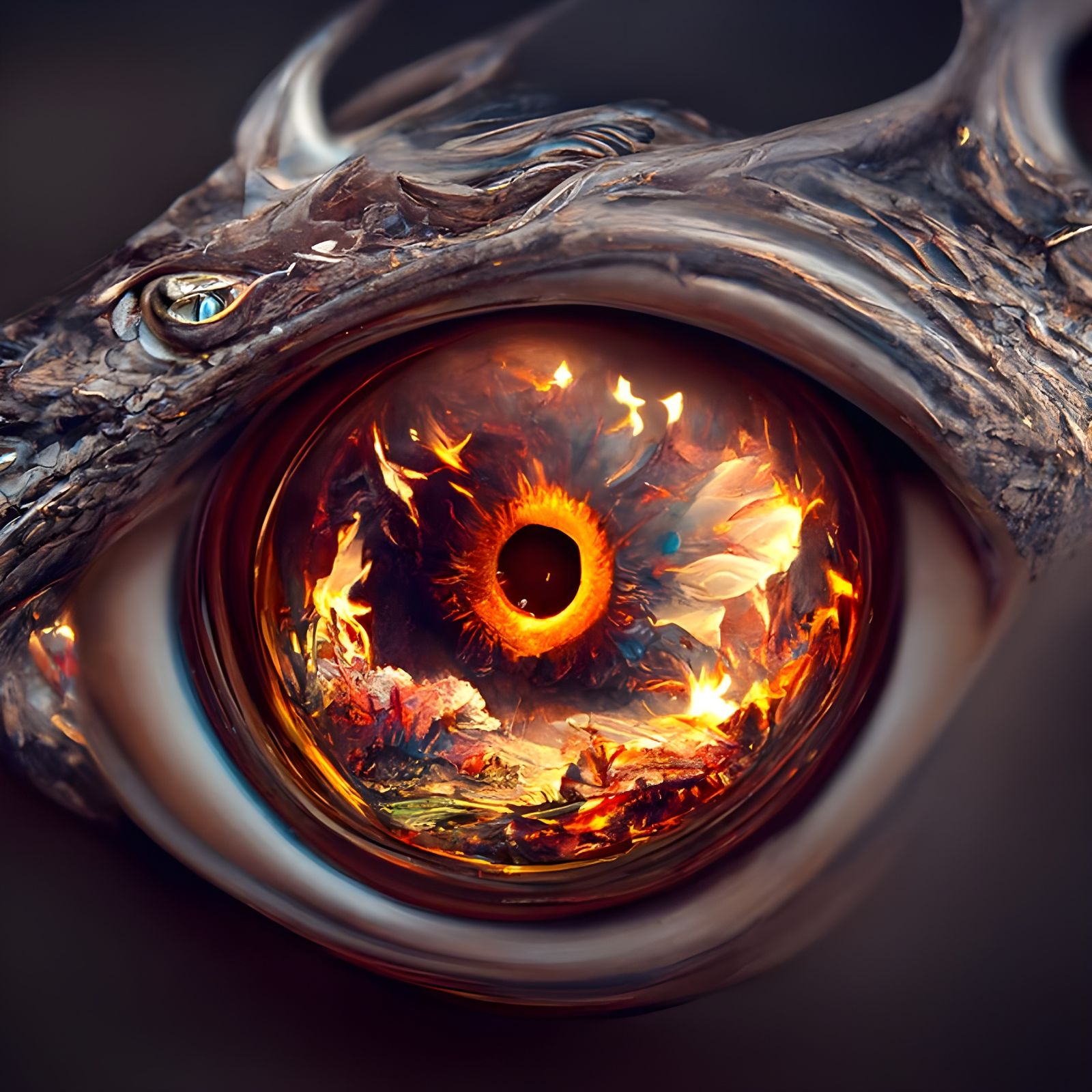 Fiery Dragon Eye Reflecting Fantasy Landscape