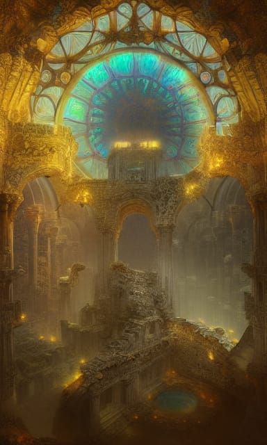 Bioluminescent Stained Glass Ruins Fantasy Art