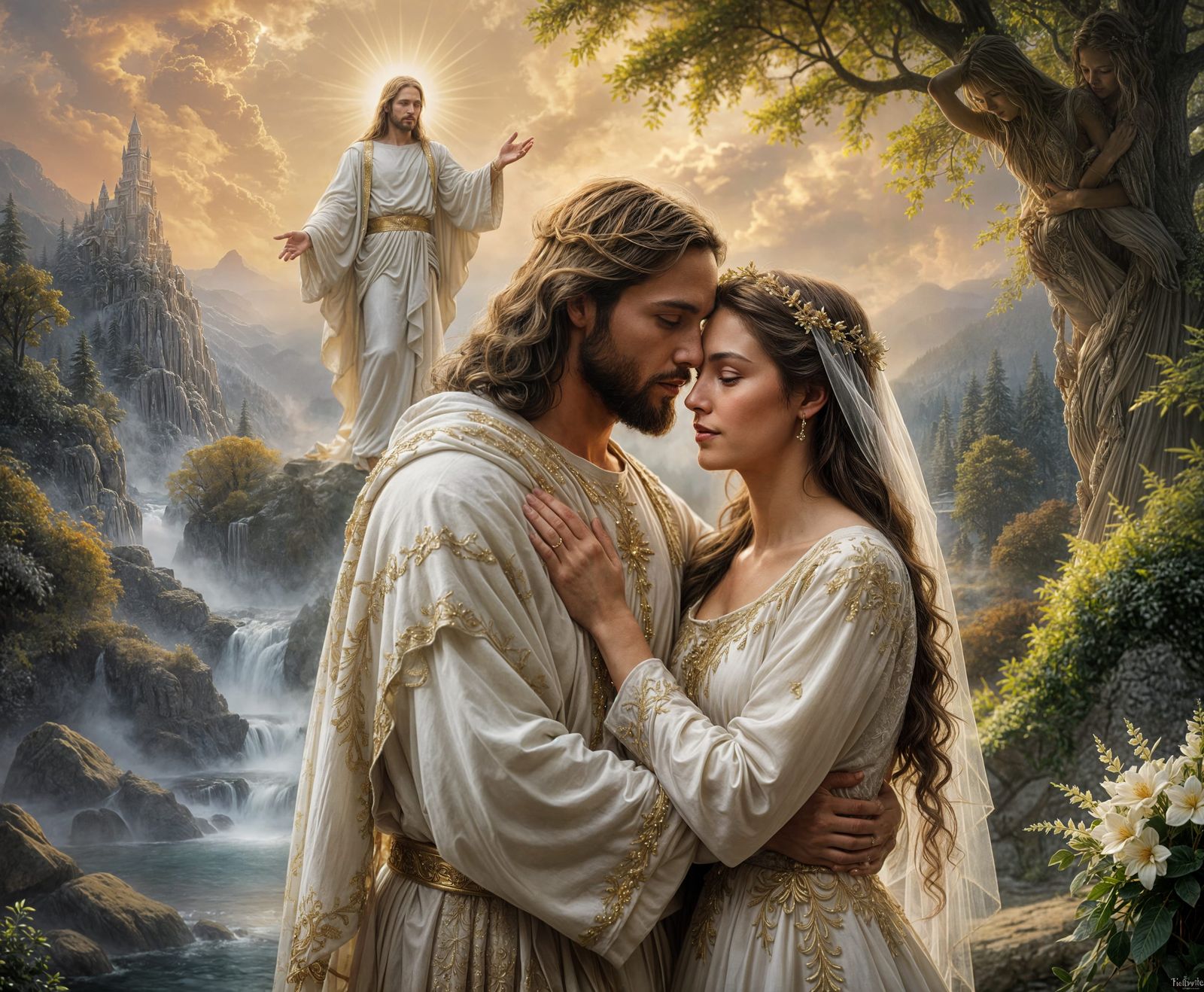 Jesus Embraces a Bride in Ethereal, Hyperrealistic Style