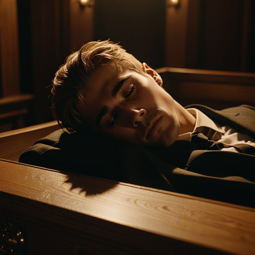 Justin Bieber in Coffin: A Film Noir Still