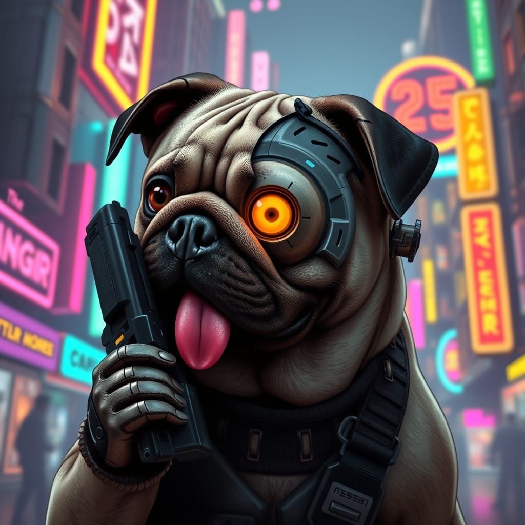 Pug Robot Cyberpunk Warrior in Neon Cityscape