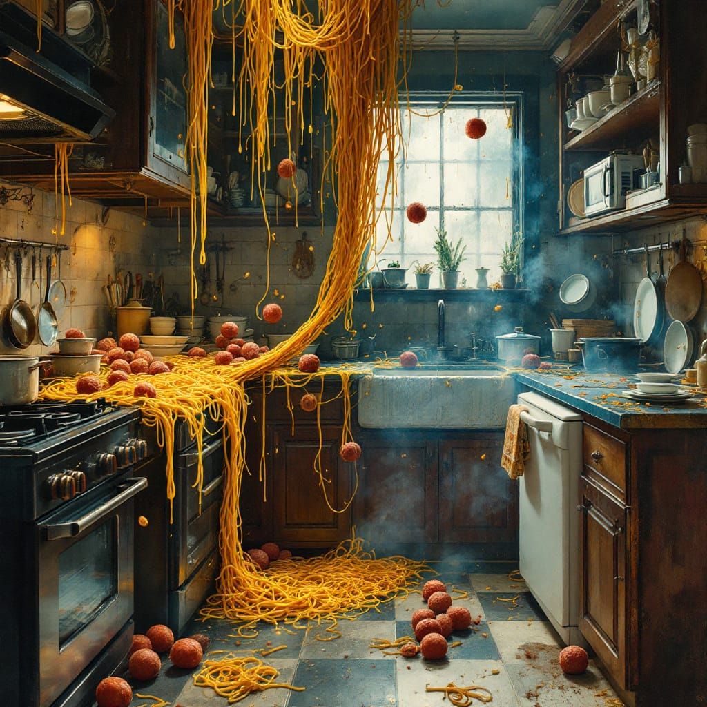 Spaghetti Hostage Situation in Chaotic Kitchen