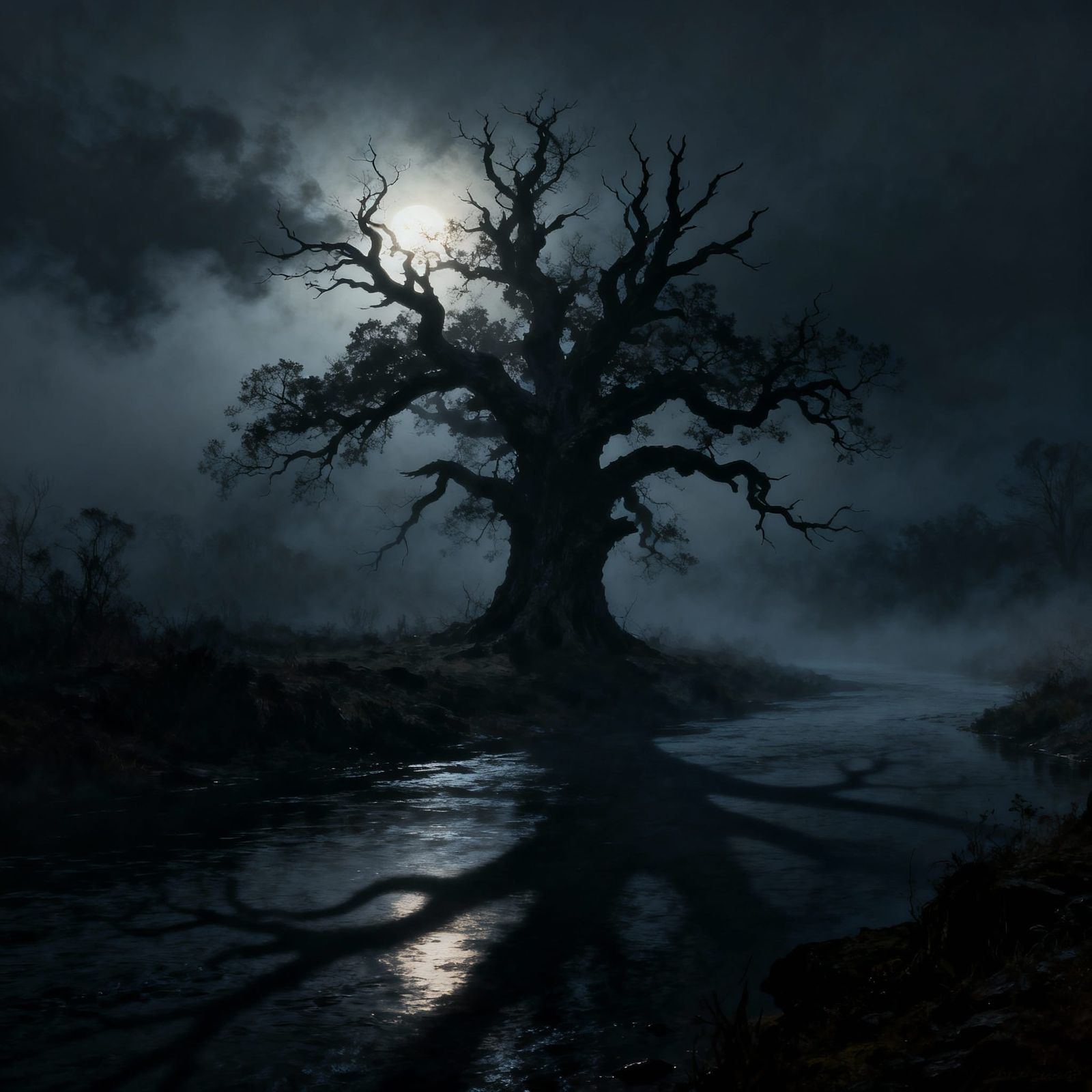 Ancient Oak Silhouette by Misty River in Ethereal Moonlight