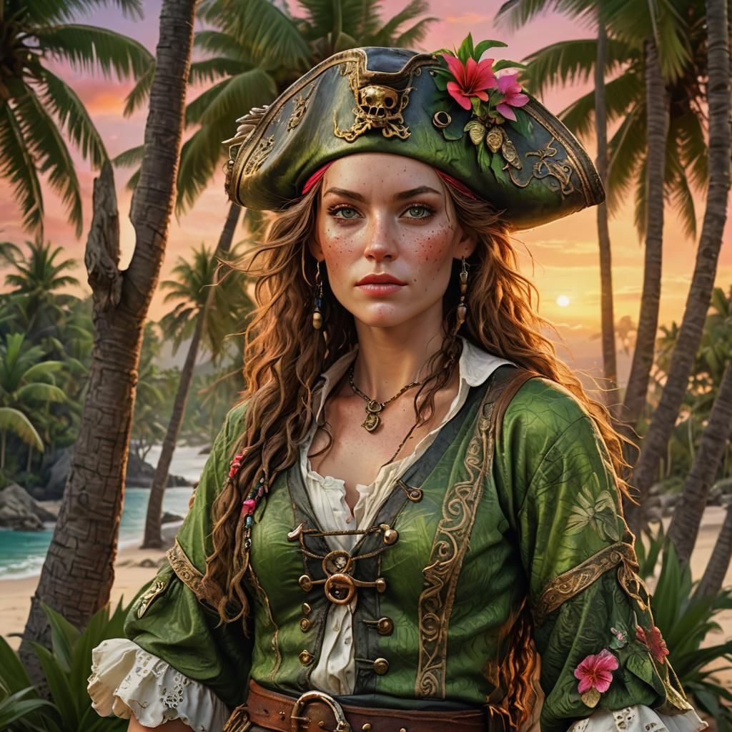 Realistic Female Pirate Portrait on Tropical Island