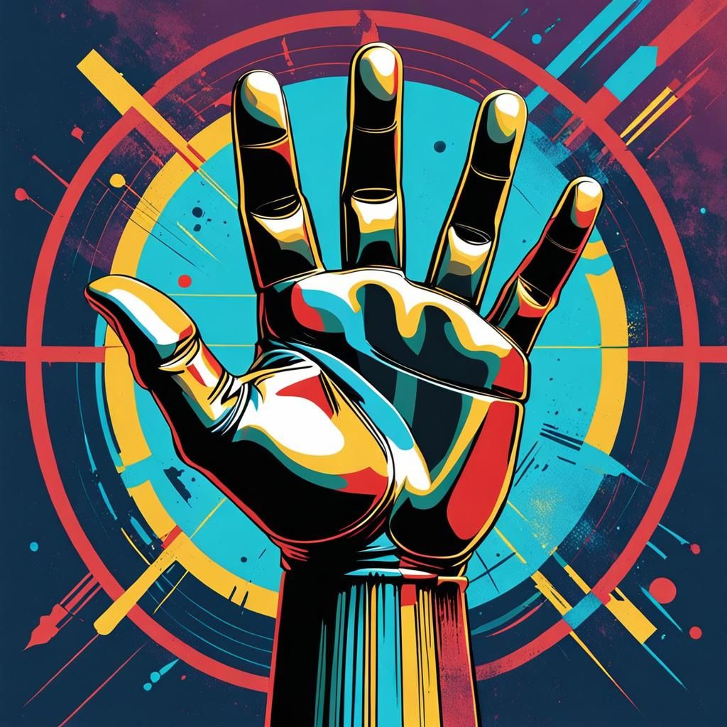 Poster style of an iron hand- with four fingers and one thum...