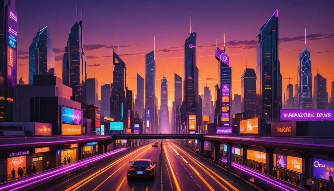 Sleek Purple Skyscrapers Rise in Vibrant Retro-Futuristic Ci...
