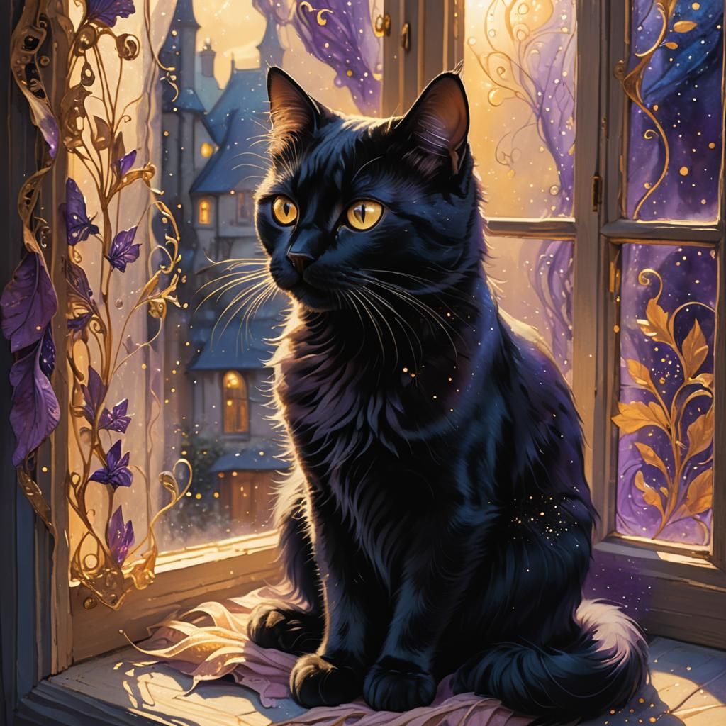 Black Cat Gazing in Golden Light