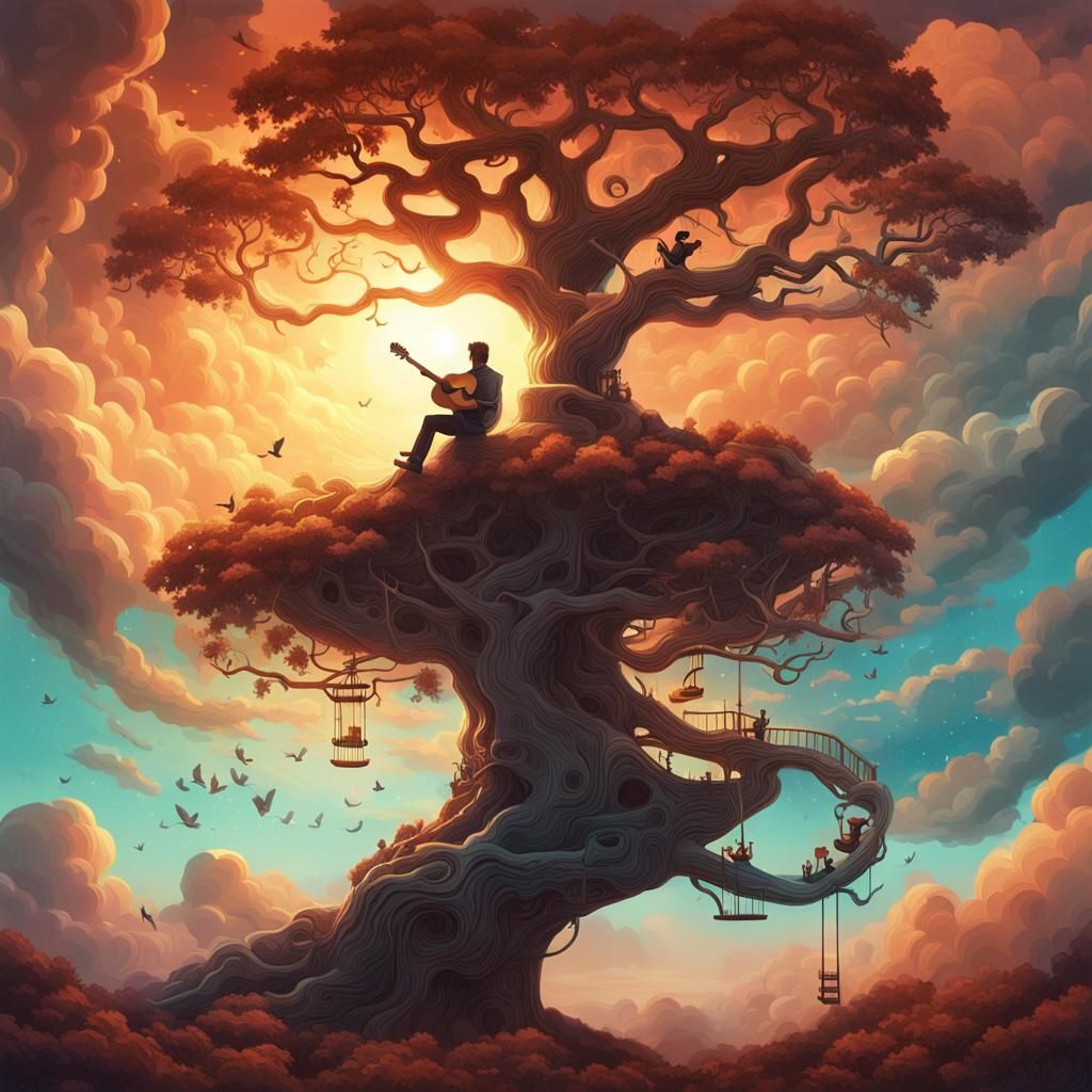 Man on Swirly Tree Plays Guitar at Sunset