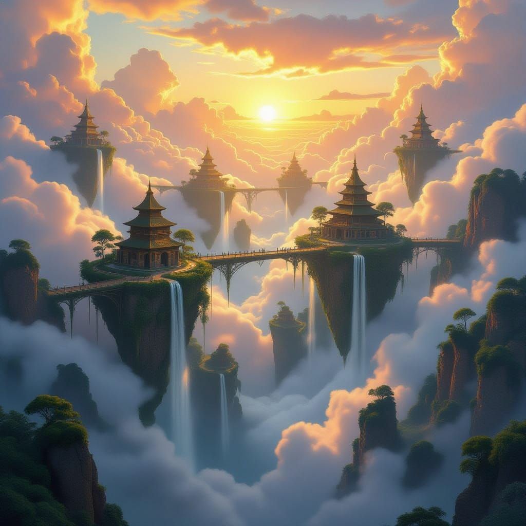 Floating Islands Of Lost Civilization At Sunset