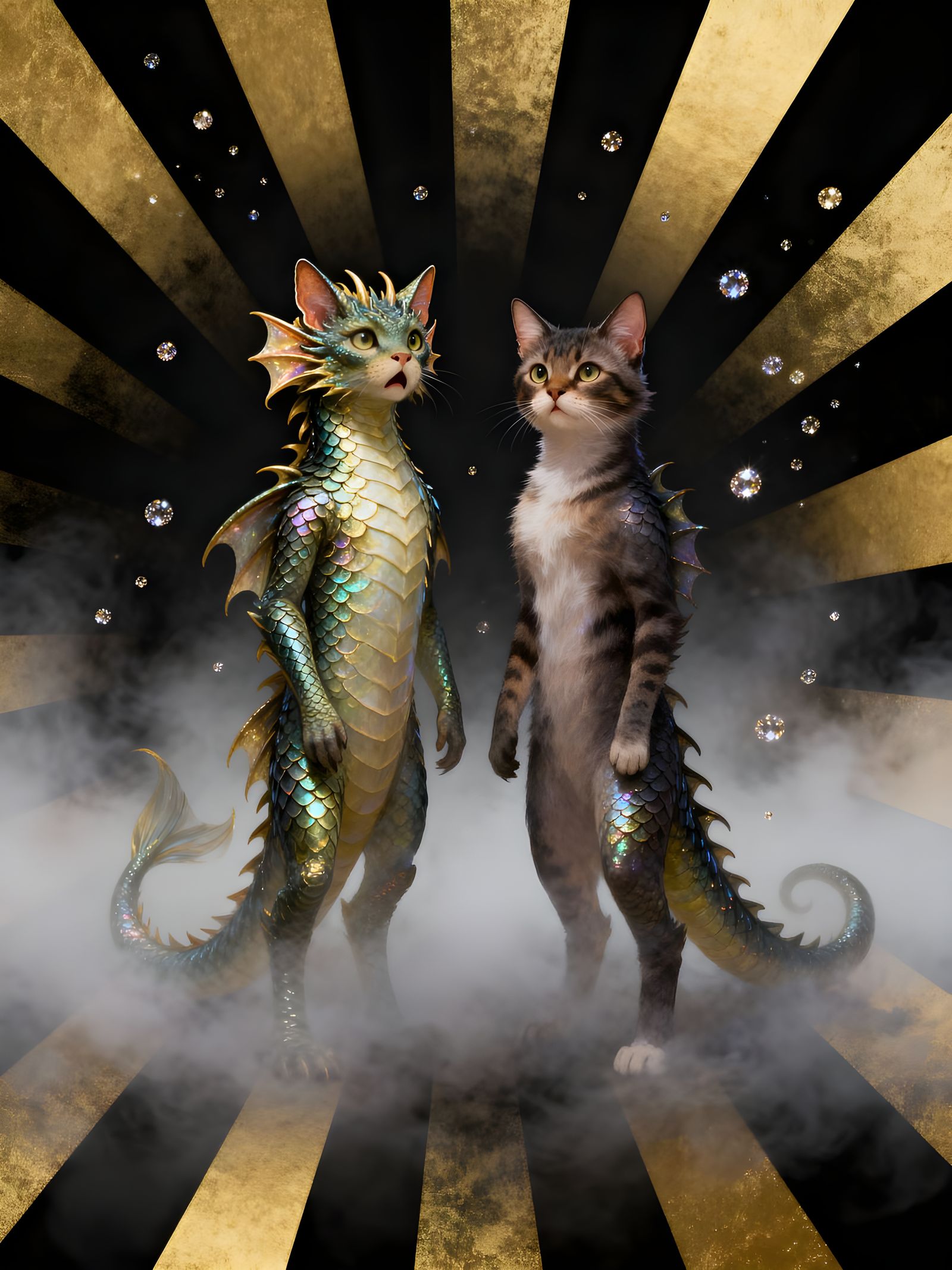 Mythical Cat-Dragon Hybrids in Misty Radial Gradient