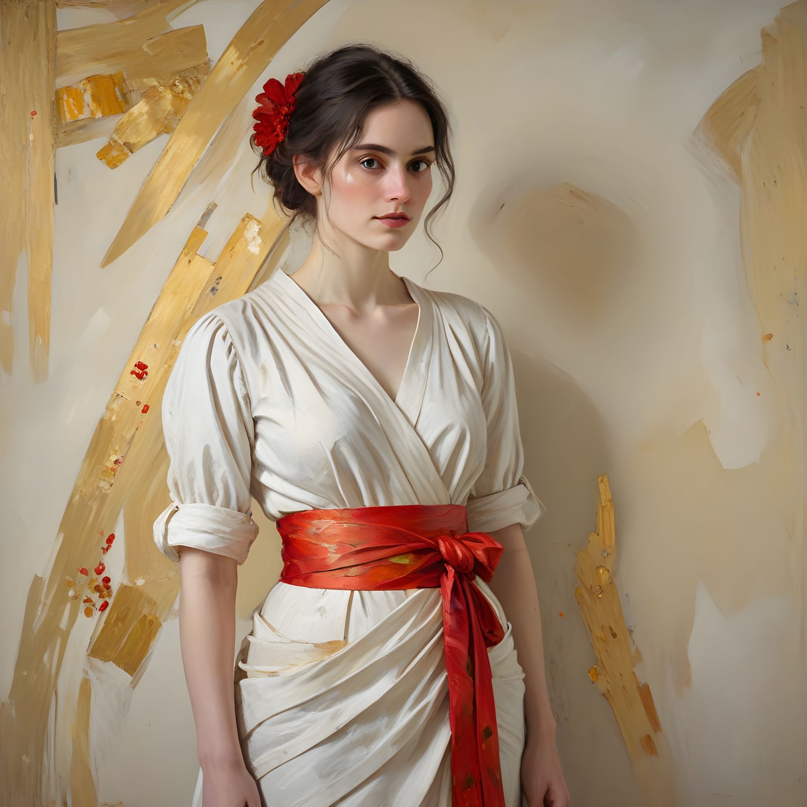 Impressionist Woman Adorned with Vibrant Red Sash