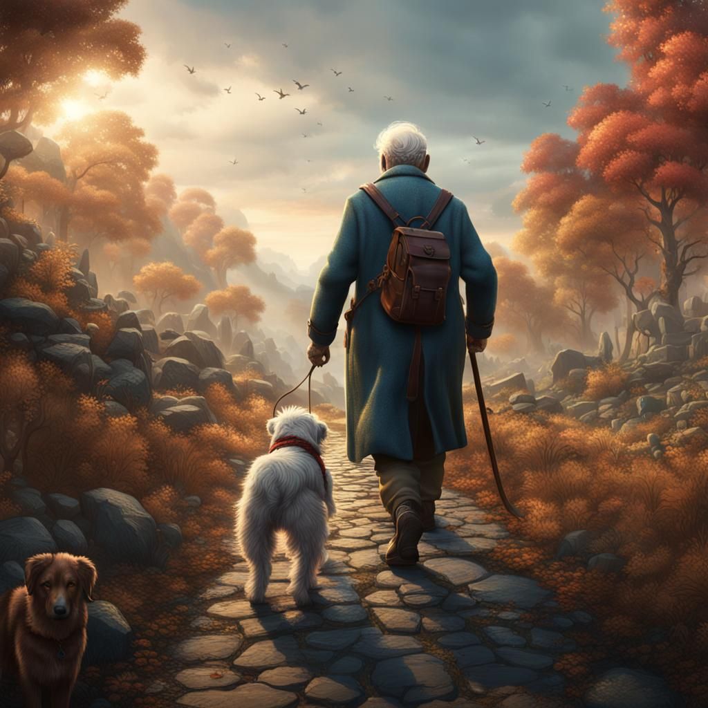 Grandfather and Dog Walk, Detailed Matte Painting