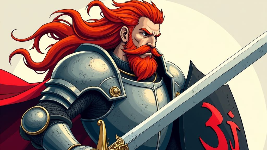 Anime Knight with Red Hair and Jackdaws Shield