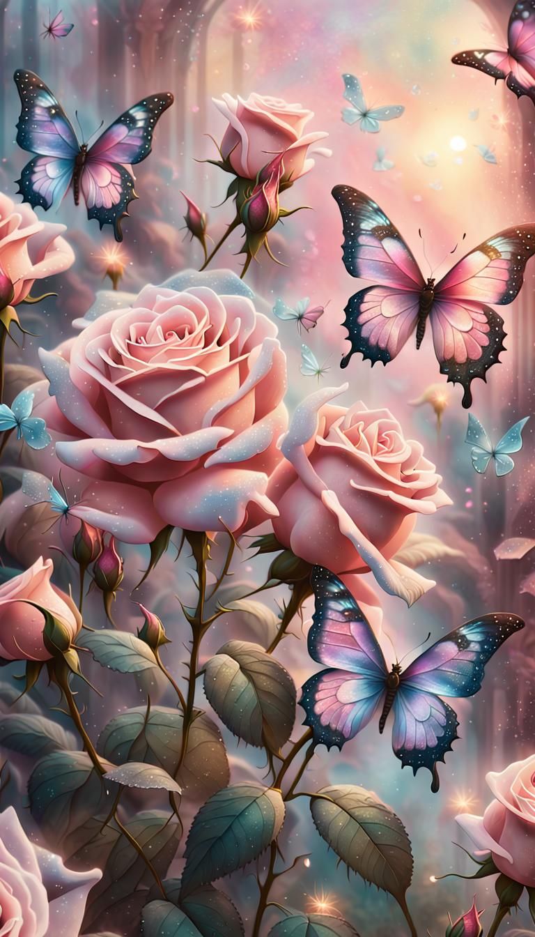 Pink Roses with Butterflies: Ethereal Fantasy Oil Painting