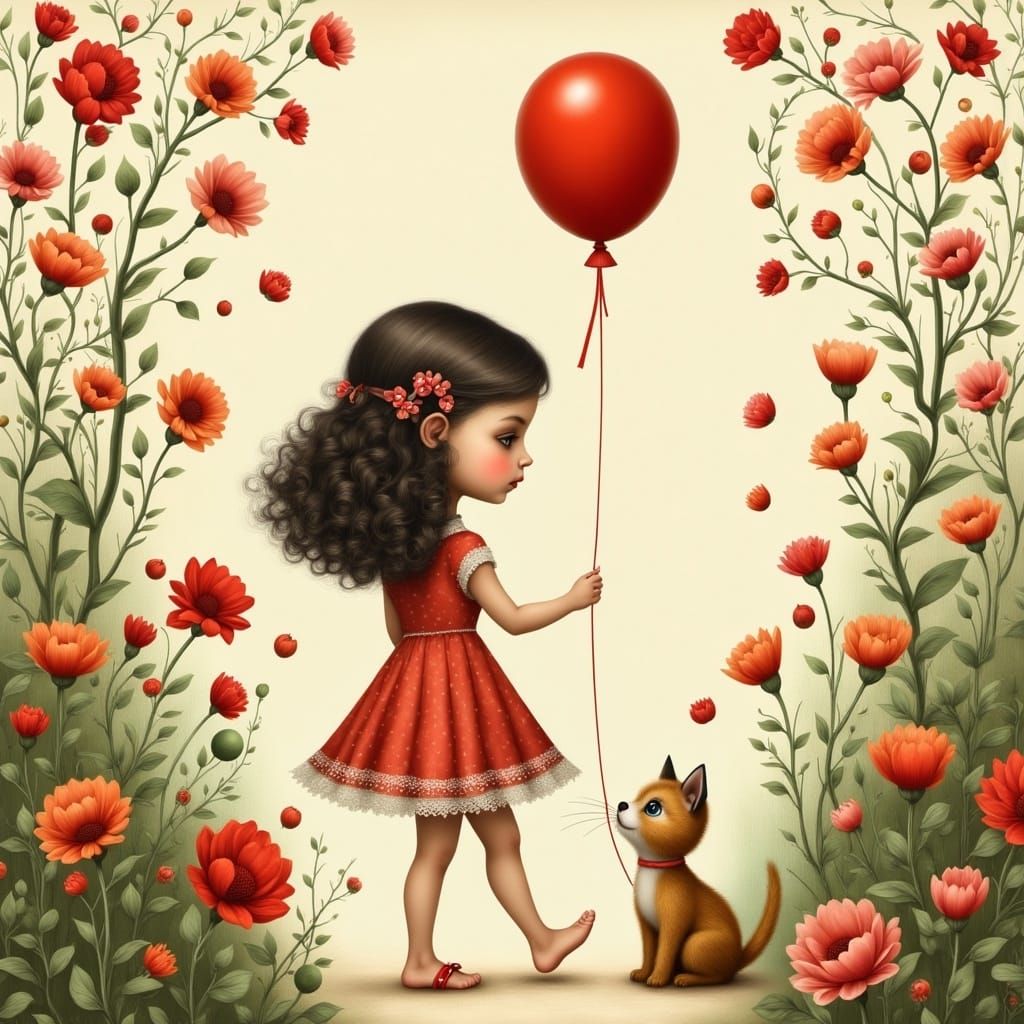 Whimsical Pop Surreal Scene with Girl and Cat