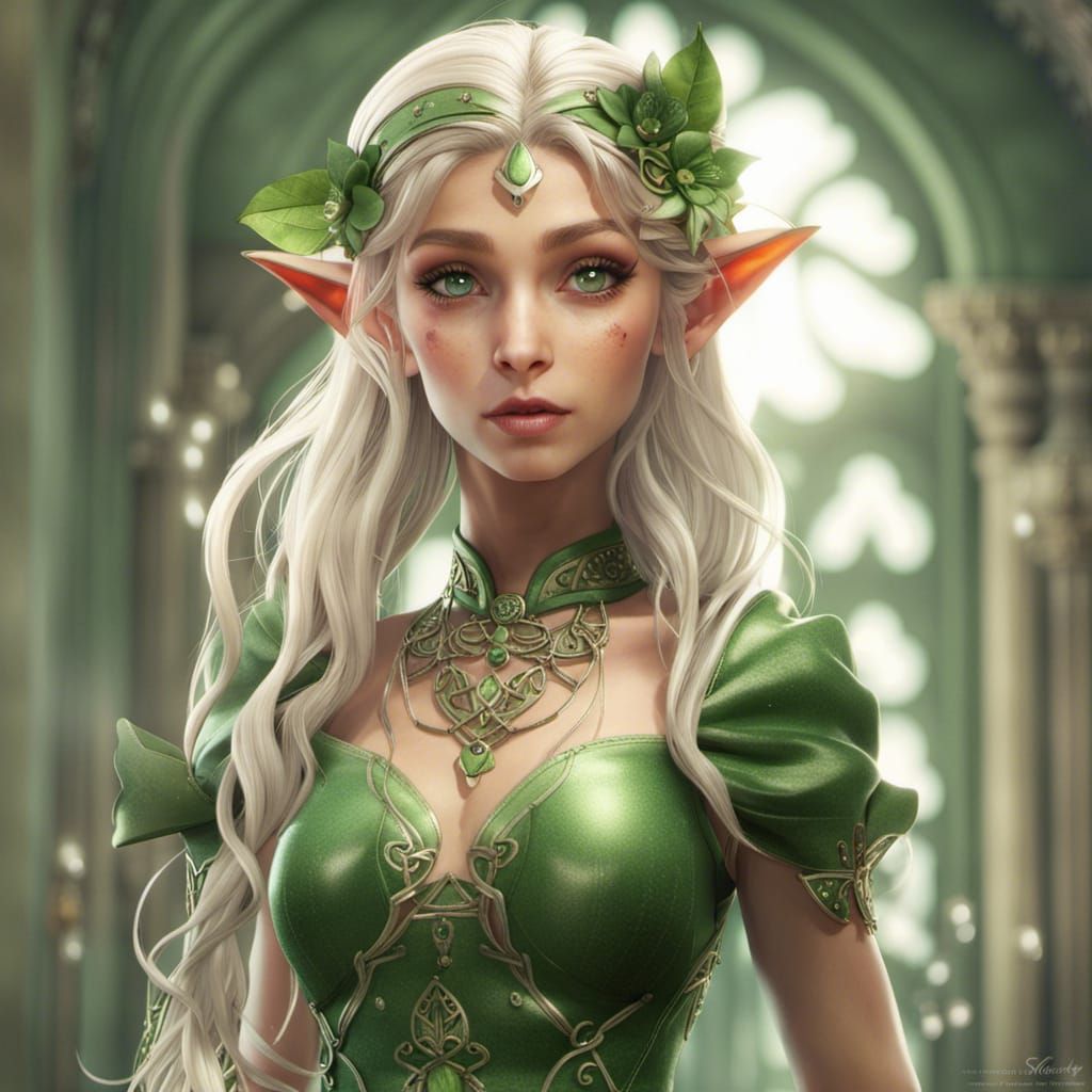 Adorable Art Nouveau Elf in Green Dress