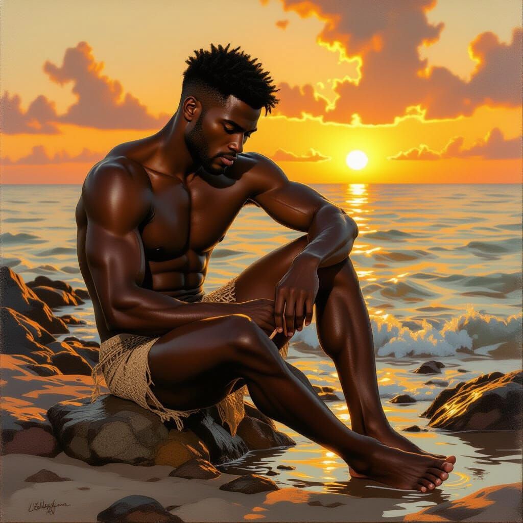 Muscular African Man in Mesh Loincloth at Sunset