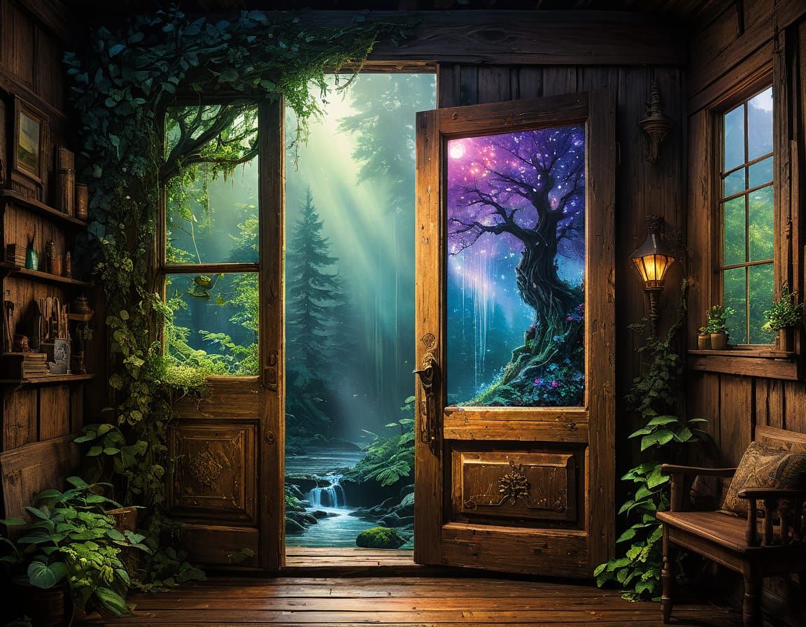 Rustic Cabin Door Opens to Fairy Landscape in Watercolor