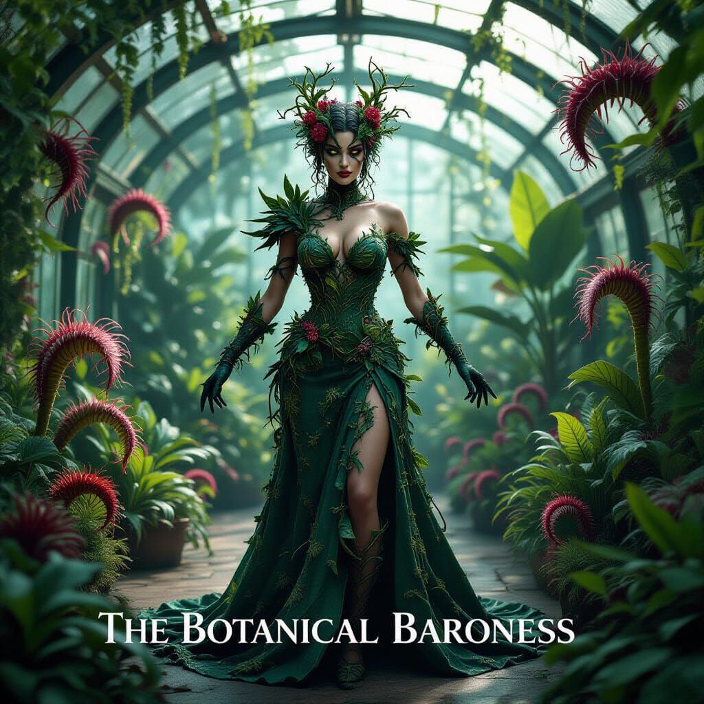 Botanical Baroness in Greenhouse: Fantasy Concept Art
