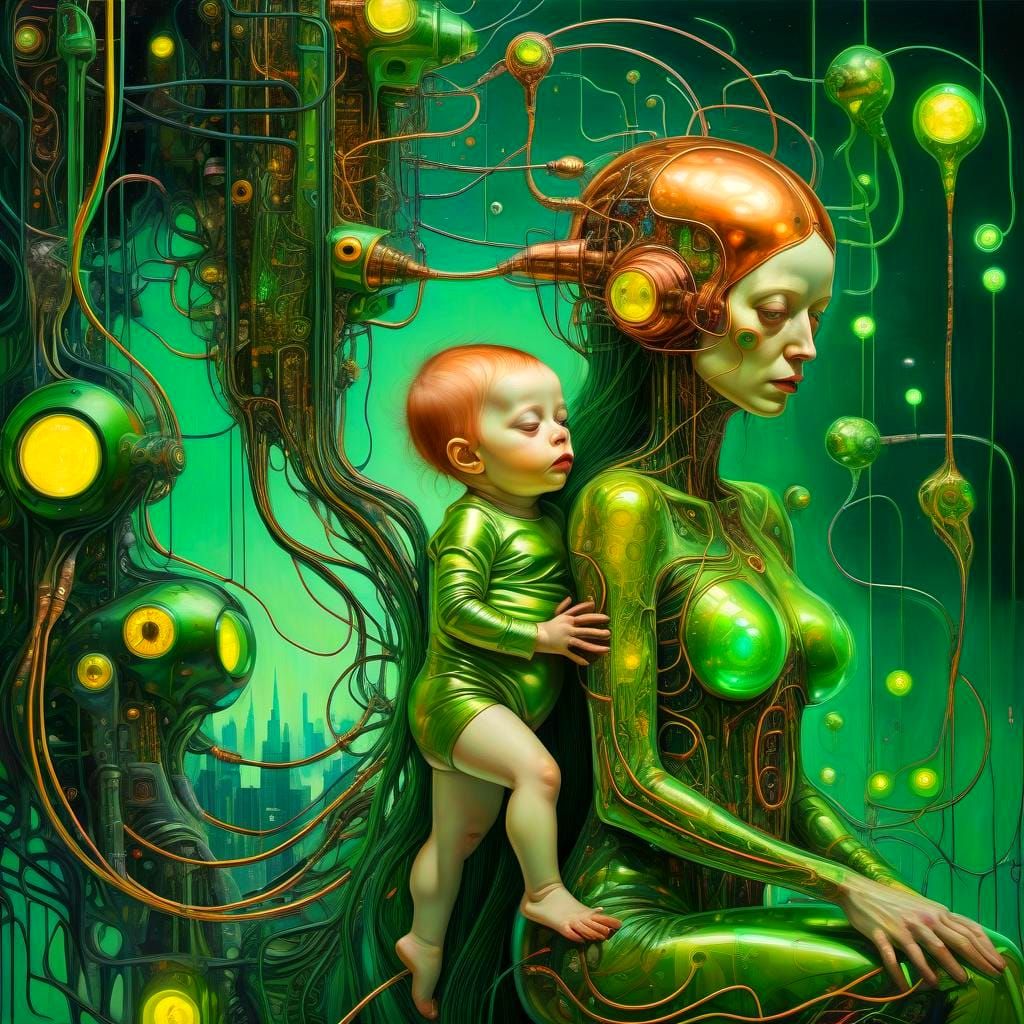 Cyberpunk Mother and Child in Vibrant Digital Wonderland