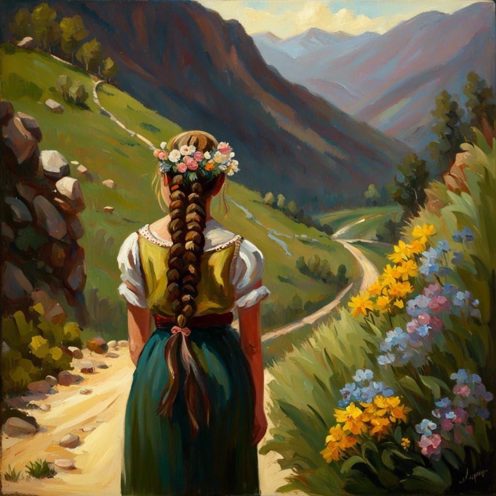 Mountain Girl Watching Highland Landscape as Oil Painting