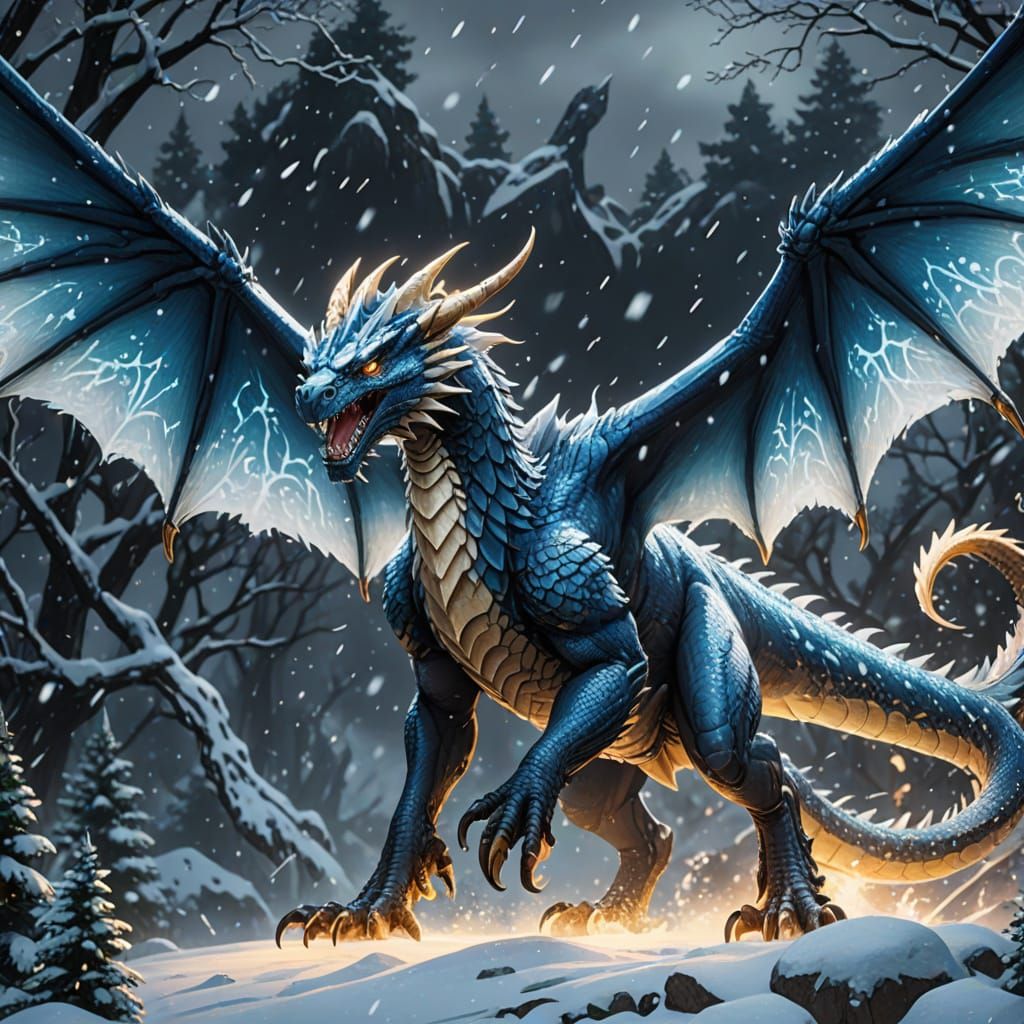 Anime-Style Wyvern in Snowstorm Majesty