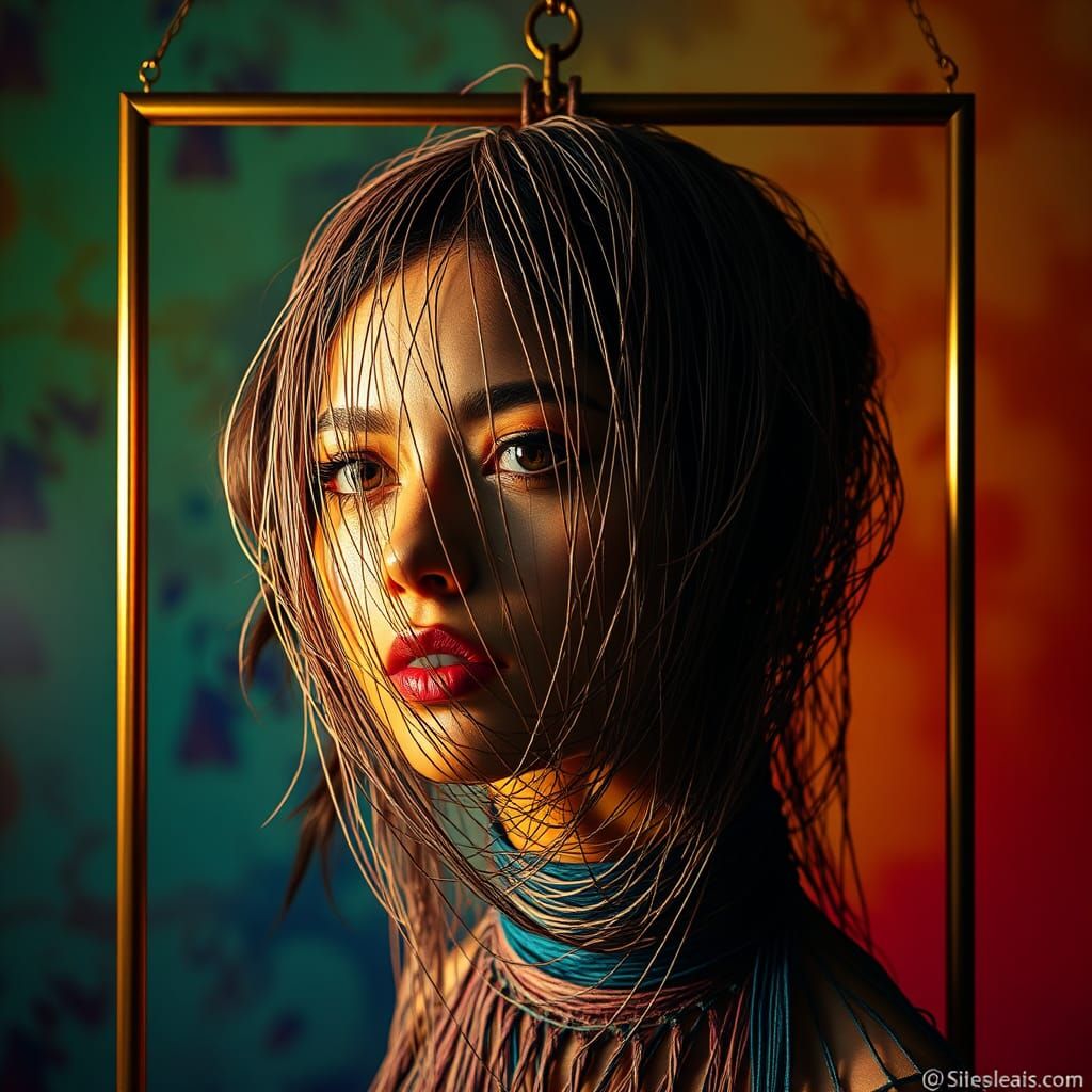 String Portrait in Gold Frame: Hyperrealistic Concept Art